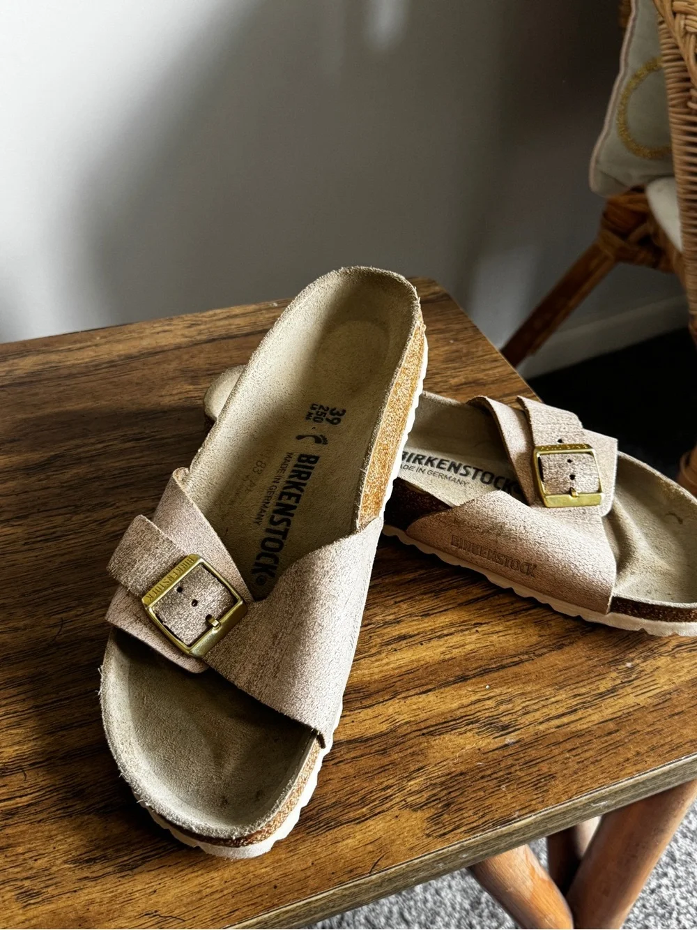 Birkenstock Beige Suede Single Strap Slide with Gold Buckle